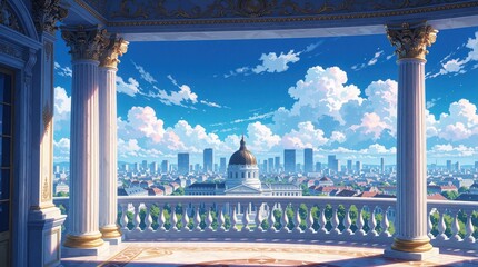 Naklejka premium Ornate balcony view overlooking a bustling city skyline with grand architecture and clear blue skies. Majestic columns frame a panorama of urban development and distant mountains.