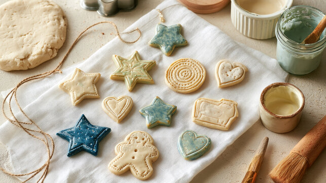 Handmade salt dough ornaments hand-painted in pastel colors with craft supplies on white linen, flat lay photography.