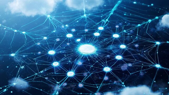 Digital network expanding through clouds with glowing nodes and connections in dark blue sky