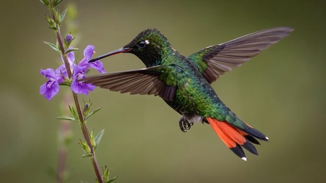 Colorful hummingbird hovering near purple flowers on a branch