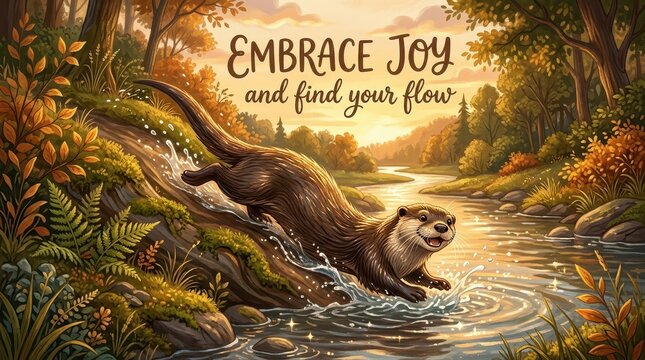 Joyful otter sliding down a mossy bank into a sparkling stream surrounded by a vibrant autumn forest, inspirational quote