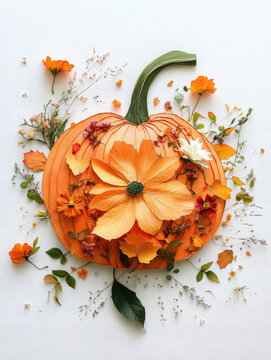 Handmade pumpkin collage made from pressed autumn leaves and dried flowers with warm orange and yellow tones on white paper