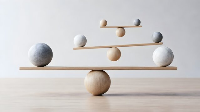 Wooden seesaw balancing stone and wood spheres representing harmony stability and risk management concept
