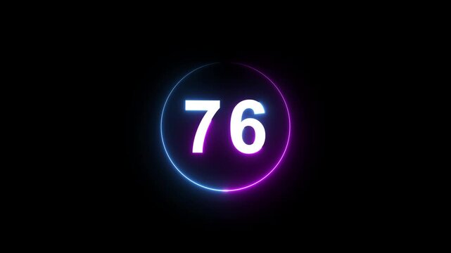 A dynamic circular animation, and glowing count neon number 76 animation . on a black background. and creating a stunning 4k video.