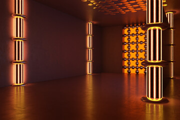 Naklejka premium Neon architectural interior with glowing cylindrical columns, reflective floor, geometric ceiling and luminous orange backdrop. 3D Rendering