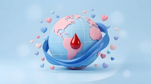 3d render of a globe with a red blood drop symbol surrounded by floating hearts, representing global blood donation awareness