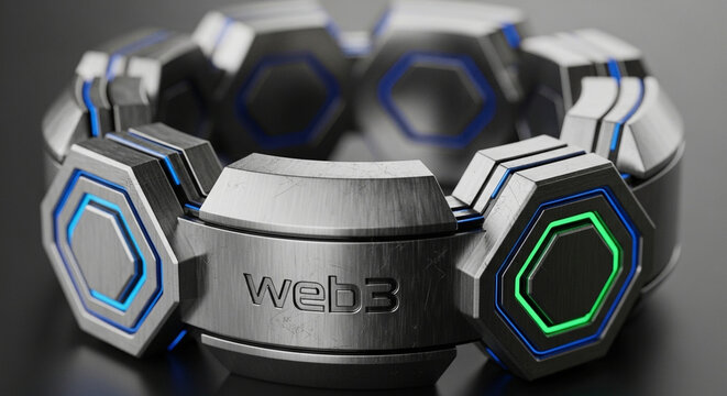Futuristic wearable device featuring metallic hexagonal segments and glowing neon lights displaying web three inscription showcasing advanced technology and innovative design concepts for users