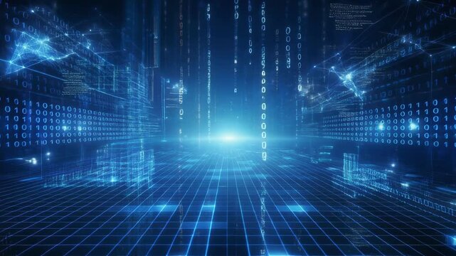 Digital network grid with glowing nodes during a futuristic data stream in a dark blue cyberspace environment