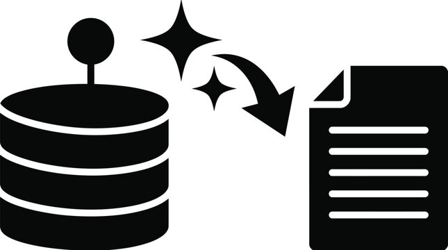 Black database cylinder icon featuring a transfer arrow towards a document page indicating digital information migration and systematic data processing