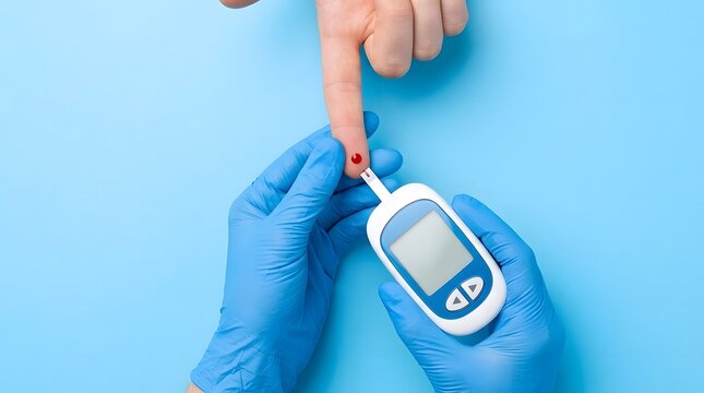 Medical professional in blue gloves performing a blood glucose test on a patients finger using a digital glucometer on blue background