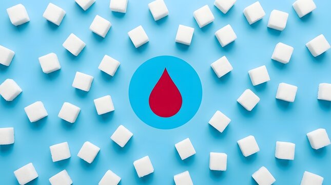 Sugar cubes surrounding a red blood drop icon on a blue background representing diabetes and blood glucose levels