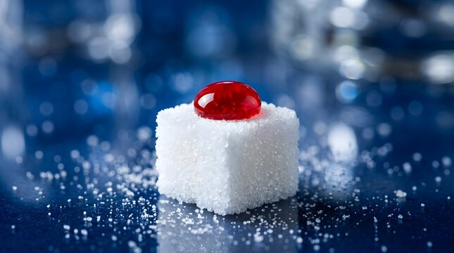 A single white sugar cube topped with a glossy red droplet on a dark blue reflective surface with scattered sugar grains