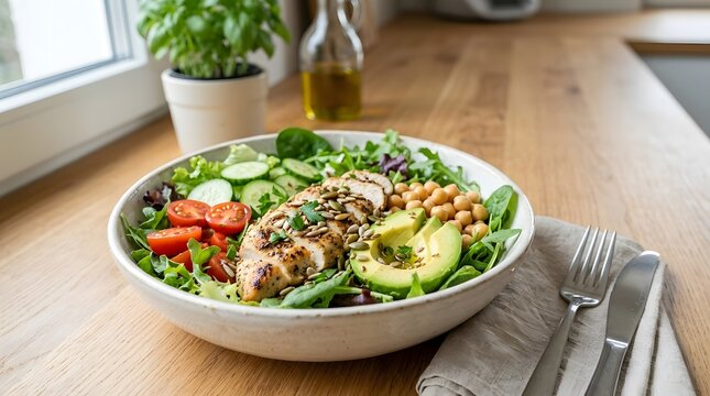 Healthy salad bowl with grilled chicken, avocado, chickpeas, cherry tomatoes, cucumber and seeds on a wooden table