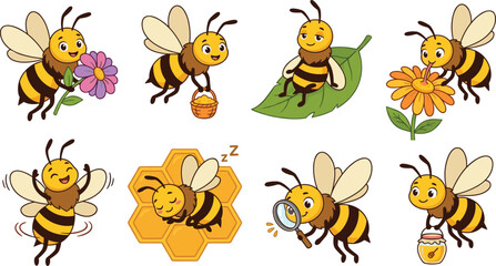 Obraz premium Cute Cartoon Bee Activity Character Vector Set featuring Honeybee Gathering Nectar, Sleeping on Honeycomb, and Flying for Organic Honey Brand Packaging Designs