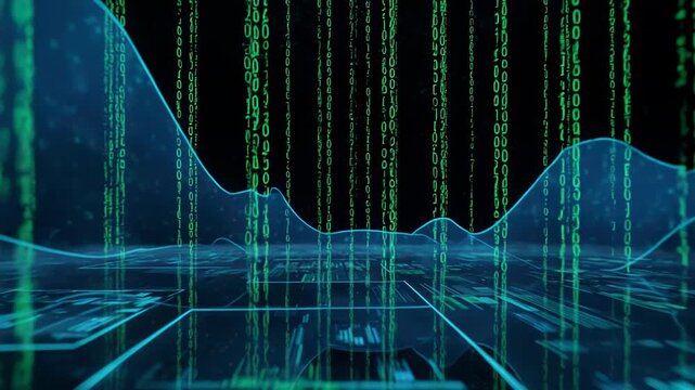 Digital waveform data visualization with falling binary code in a futuristic technological landscape