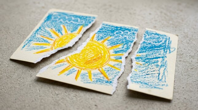 A torn crayon drawing of a sun on a textured surface represents divorce, capturing a broken family relationship, emotional distress, and separation through symbolic visual art