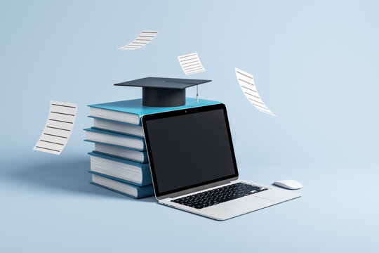 Online education concept with laptop, stacked books, graduation cap and flying papers on a light blue background for learning and study. 3D Rendering