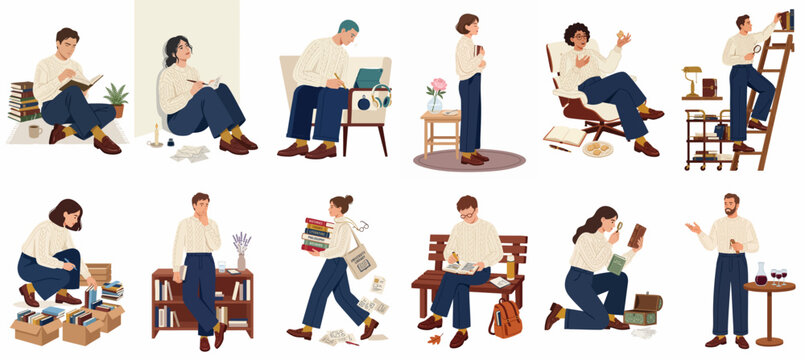 Set of diverse characters engaged in book-related activities like reading, writing, and organizing their personal libraries in a modern flat illustration style.