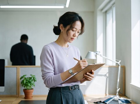 Generative AI, Asian professional woman taking notes on a clipboard in an office
