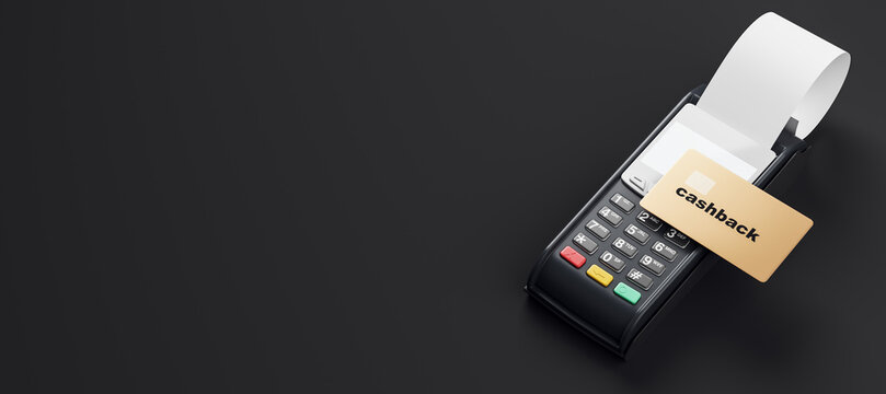 Payment terminal with blank receipt and cashback card on black background, modern banking transaction mockup with copy space for business branding. 3D Rendering
