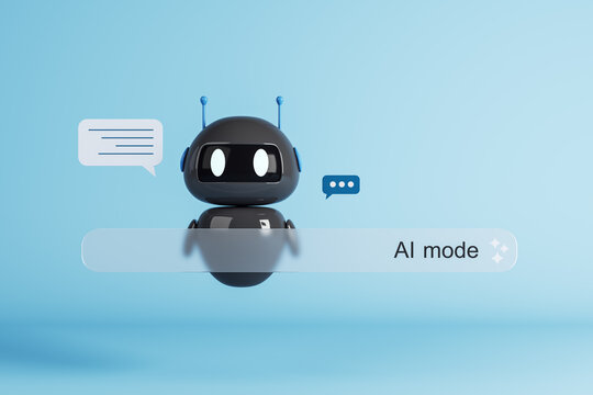 AI chatbot robot assistant with message bubbles and AI mode interface for online technology, artificial intelligence, and future communication concept. 3D Rendering