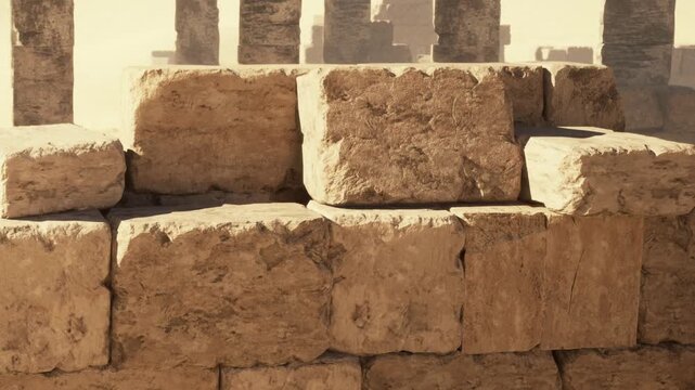 Workers are seen handling large stone blocks at an archaeological site in Egypt. The sun is shining brightly as they uncover the ancient structures from the sand.