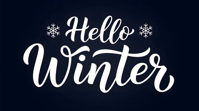 Hello Winter hand lettering text with snowflakes on black background