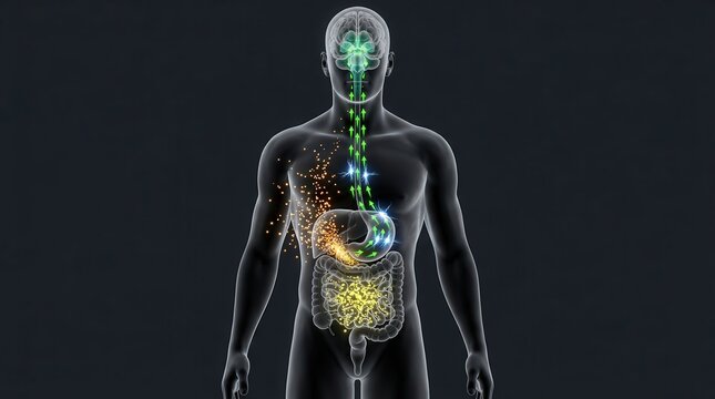 Anatomical illustration of the human digestive system and brain activity