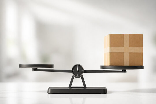 Cardboard package balanced on a scale representing logistics, supply chain balance, product distribution, fair measurement and business operations.