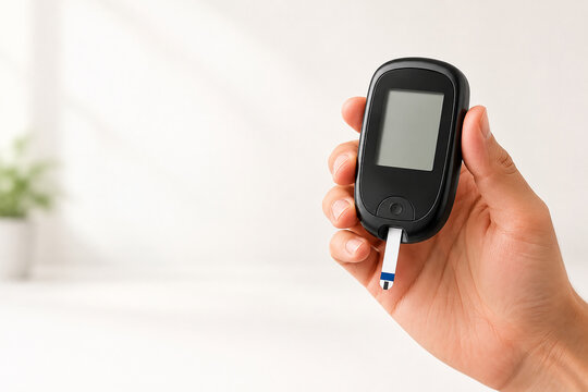 Hand holding a digital glucose meter representing blood sugar measurement, diabetes testing, health monitoring, medical care and disease management.