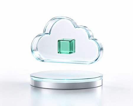 Transparent cloud with a digital cube representing cloud computing, data storage, online services, digital technology and secure information management.
