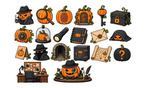 Halloween mystery detective pumpkin collection featuring clues, key, flashlight, safes, maps and spooky objects vector design set
