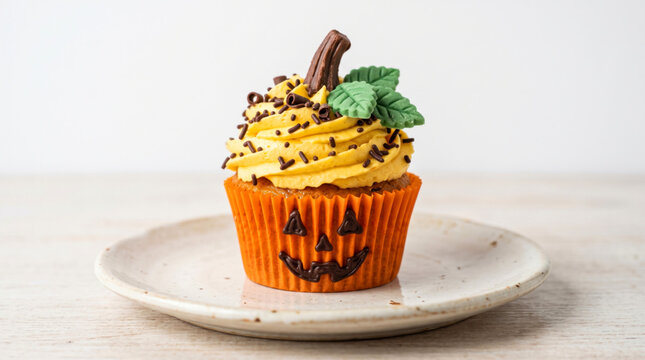 A single delicious halloween pumpkin cupcake with orange frosting and a jack o lantern wrapper on a plate