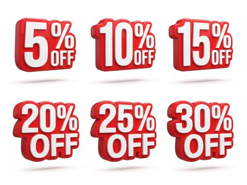 Red 3D discount percentage badges from 5 to 30 percent off arranged on white for retail promotion and e-commerce ads.