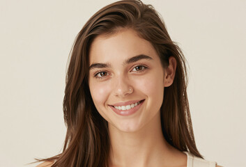 Naklejka premium Close Up Headshot of Beautiful Young Brunette Woman Smiling
