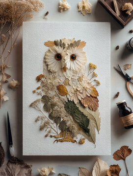 Handmade owl collage artwork made from pressed flowers and dried leaves with craft supplies on white background, flat lay photography