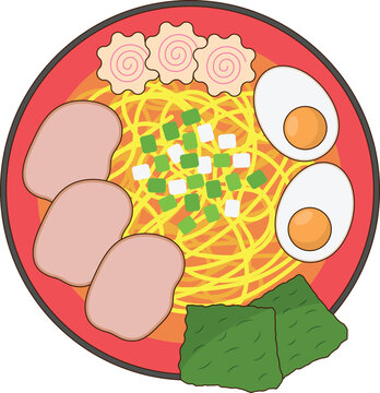 Ramen with Toppings Vector Illustration. Japanese Noodle Design Element Isolated on White Background