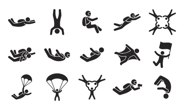 Extreme skydiving parachuting wing suit sports set stick figure icon collection