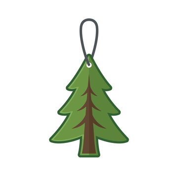 Flat Design Vector Icon of a Green Pine Tree Car Air Freshener Hanging Ornament Isolated on White Background for Automotive Accessories, Fragrance, and Vehicle Interior Deodorizing.