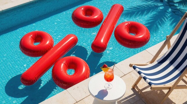 Red inflatable percentage signs float in a bright blue swimming pool next to a deck chair and a tropical drink. Summer sale concept with discount symbols bobbing on water surface.