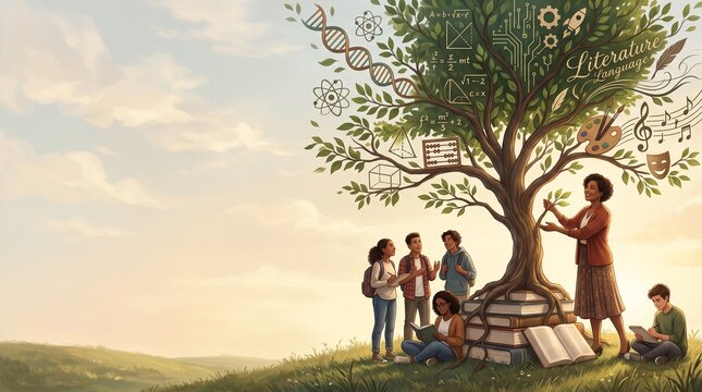 An inspiring illustration of students and a teacher gathered under a symbolic knowledge tree, representing the growth of wisdom, discovery, and interdisciplinary learning