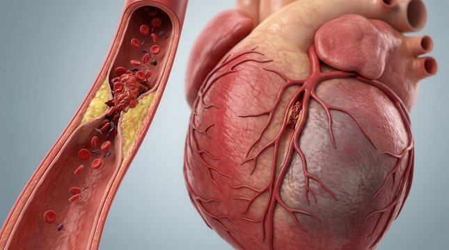 Medical illustration of heart disease with atherosclerotic plaque buildup in coronary artery