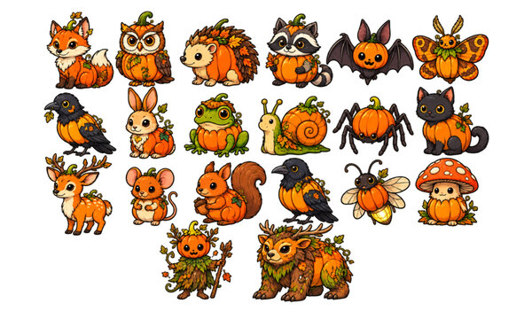 Cute Halloween animal characters and autumn creatures vector designs for seasonal festive projects