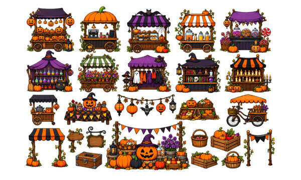 Halloween market stalls and festive pumpkin vendor vector designs for autumn fairs and seasonal events