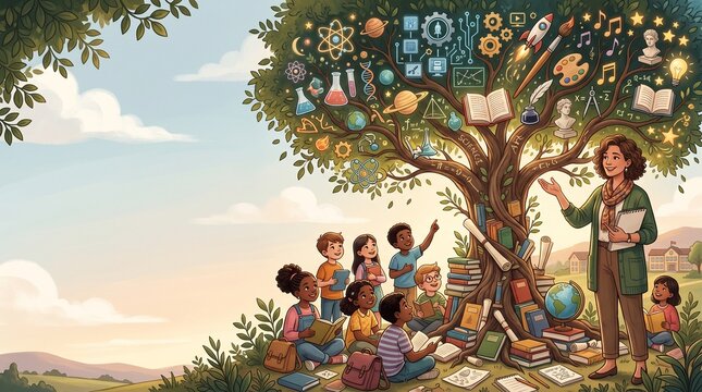 Diverse children gather under a magnificent knowledge tree, eagerly learning from their inspiring teacher in a vibrant outdoor classroom, fostering curiosity and intellectual growth