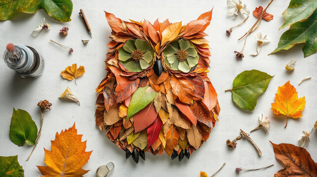 Handmade owl collage artwork made from pressed flowers and dried leaves with craft supplies on white background, flat lay photography