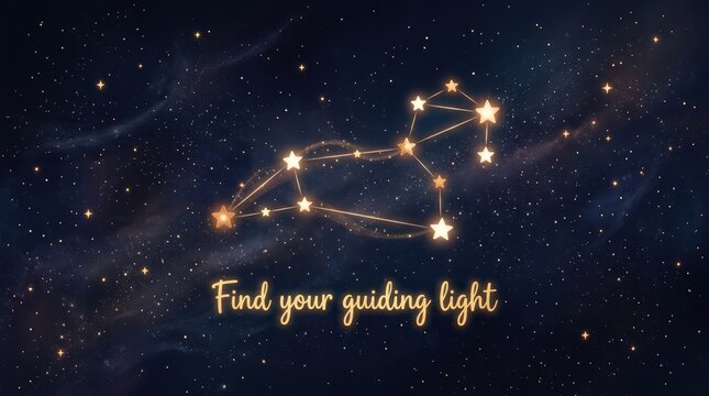 Leo constellation glowing in the night sky with stars and nebulae, text "Find your guiding light"