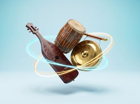 3D Traditional Malaysian Musical Instruments Sape Gendang Gong for Malaysia Day