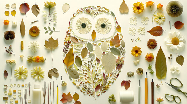 Handmade owl collage artwork made from pressed flowers and dried leaves with craft supplies on white background, flat lay photography