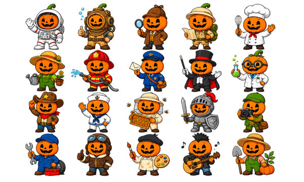 Halloween pumpkin character vector designs featuring astronaut, detective, chef, firefighter and creative professions